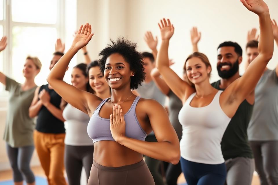 Gruppe glücklicher Menschen nach Yoga-Kurs