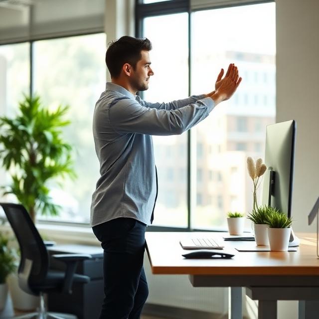 Person macht Pause am Stehschreibtisch