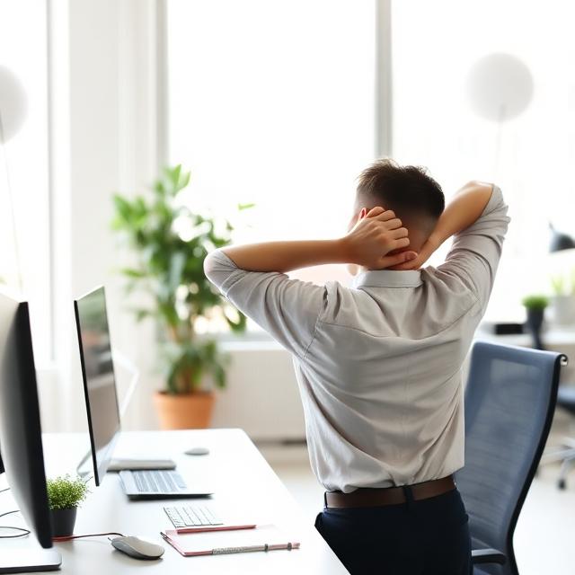 Person dehnt Nacken und Schultern am Schreibtisch